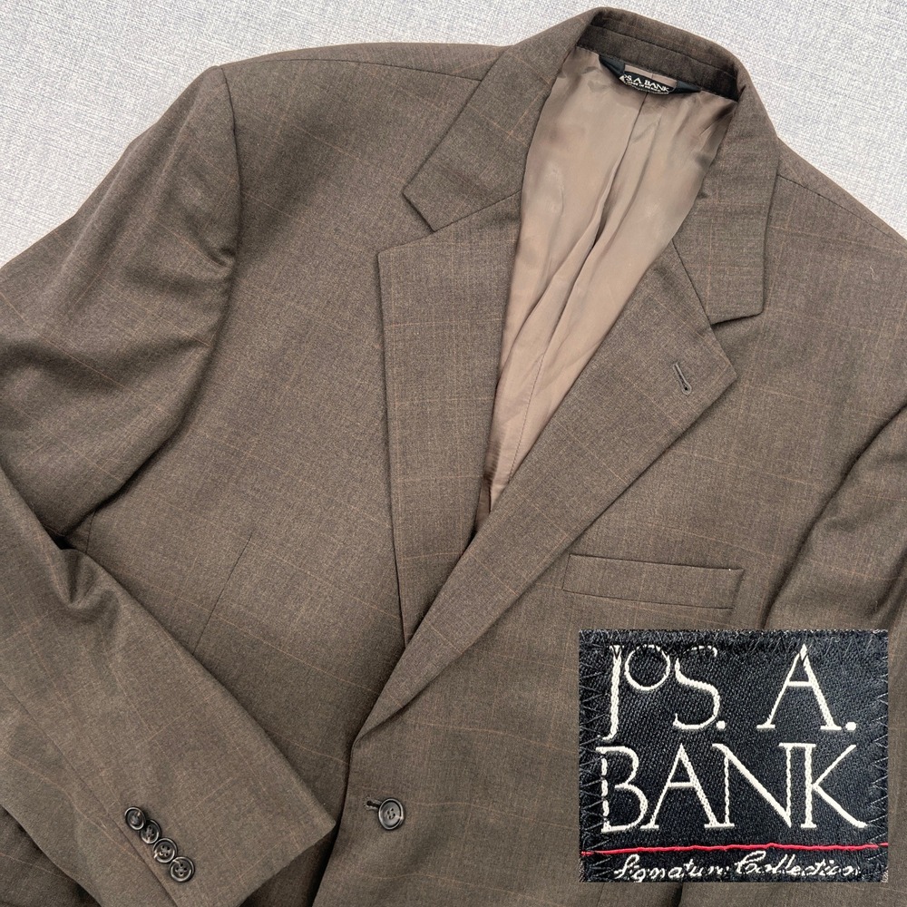 Jos A Bank Signature Gordon Sport Coat Blazer Jacket 46R Brown Windowpane Wool